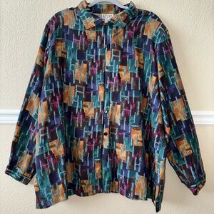 Vintage 100% Silk Machine Washable Button Down Blouse Artsy Colorful Size 2X